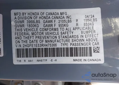 2024 Honda Civic Si Sedan from USA, damaged, VIN 2HGFE1E53RH475366